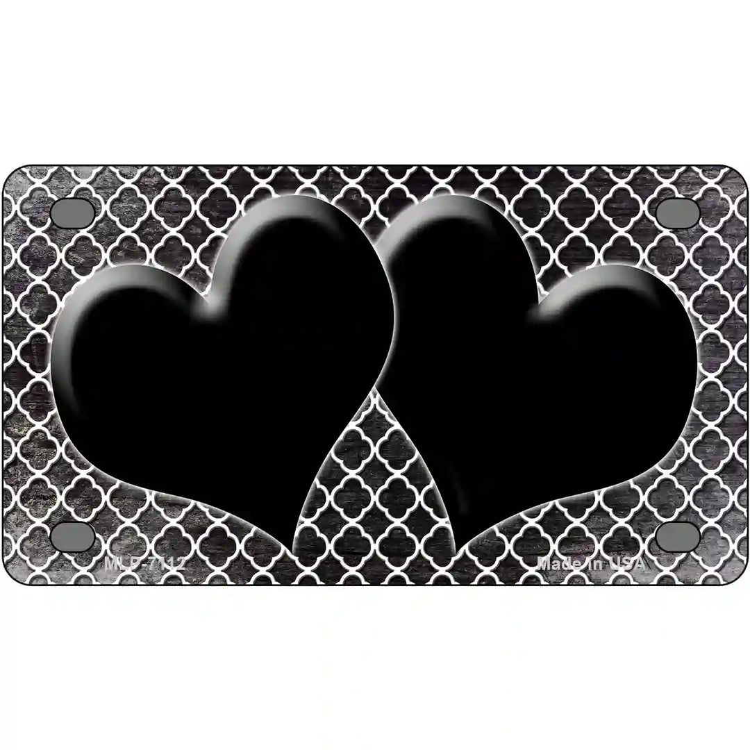 Black White Quatrefoil Hearts Oil Rubbed Metal Novelty License Plate 4" x 2.2" (MLP)