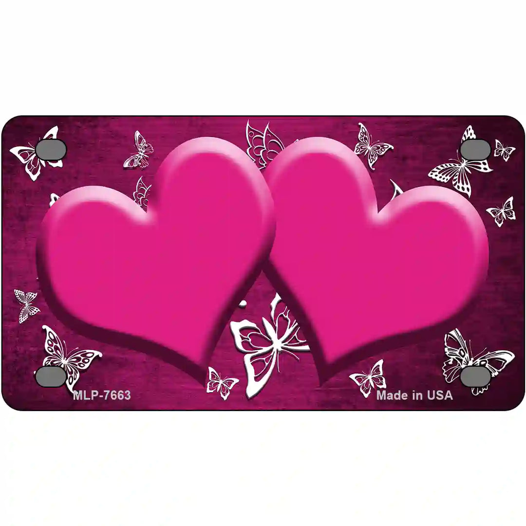 Pink White Hearts Butterfly Oil Rubbed Metal Novelty License Plate 4" x 2.2" (MLP)