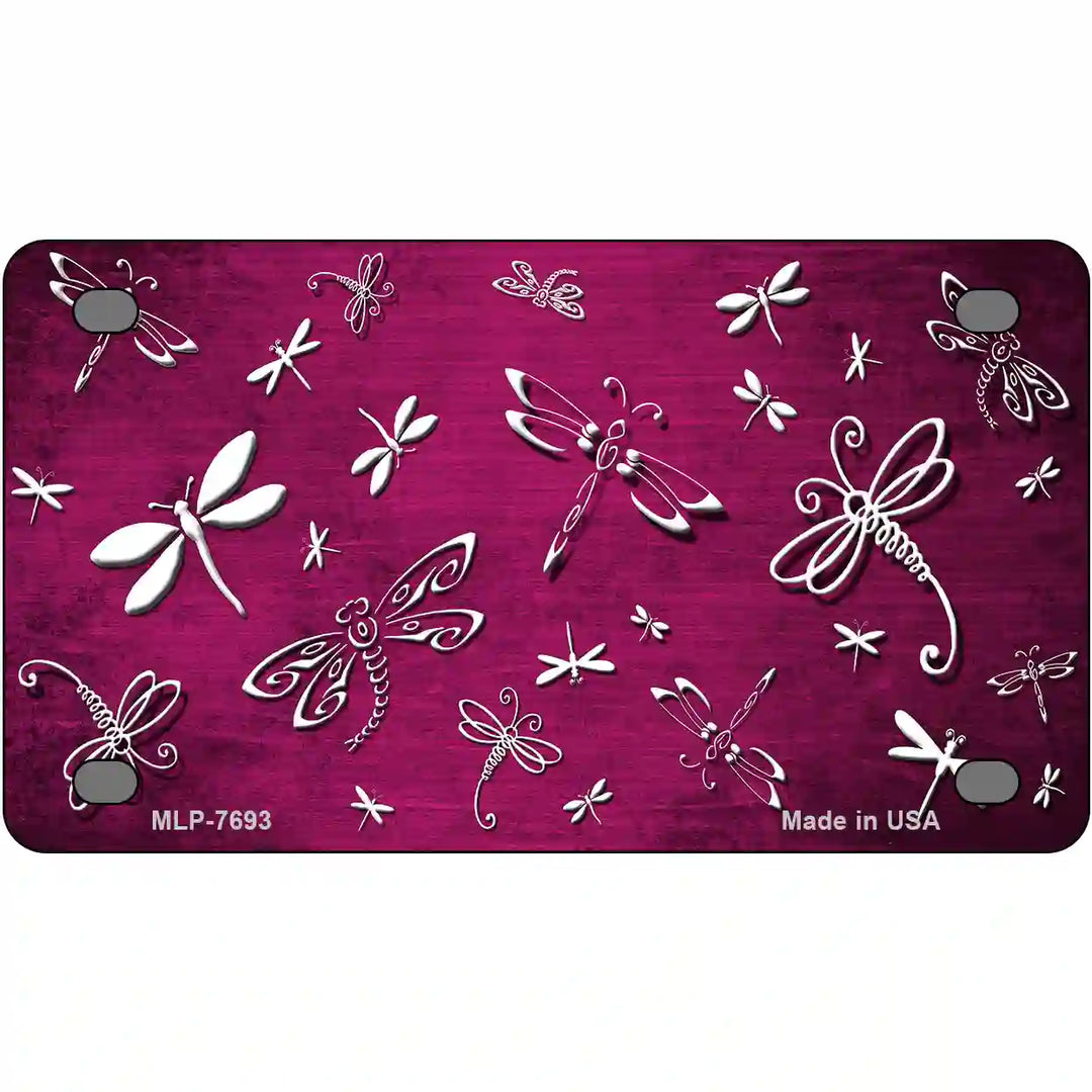 Pink White Dragonfly Oil Rubbed Metal Novelty License Plate 4" x 2.2" (MLP)