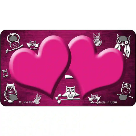 Pink White Owl Hearts Oil Rubbed Metal Novelty License Plate 4" x 2.2" (MLP)