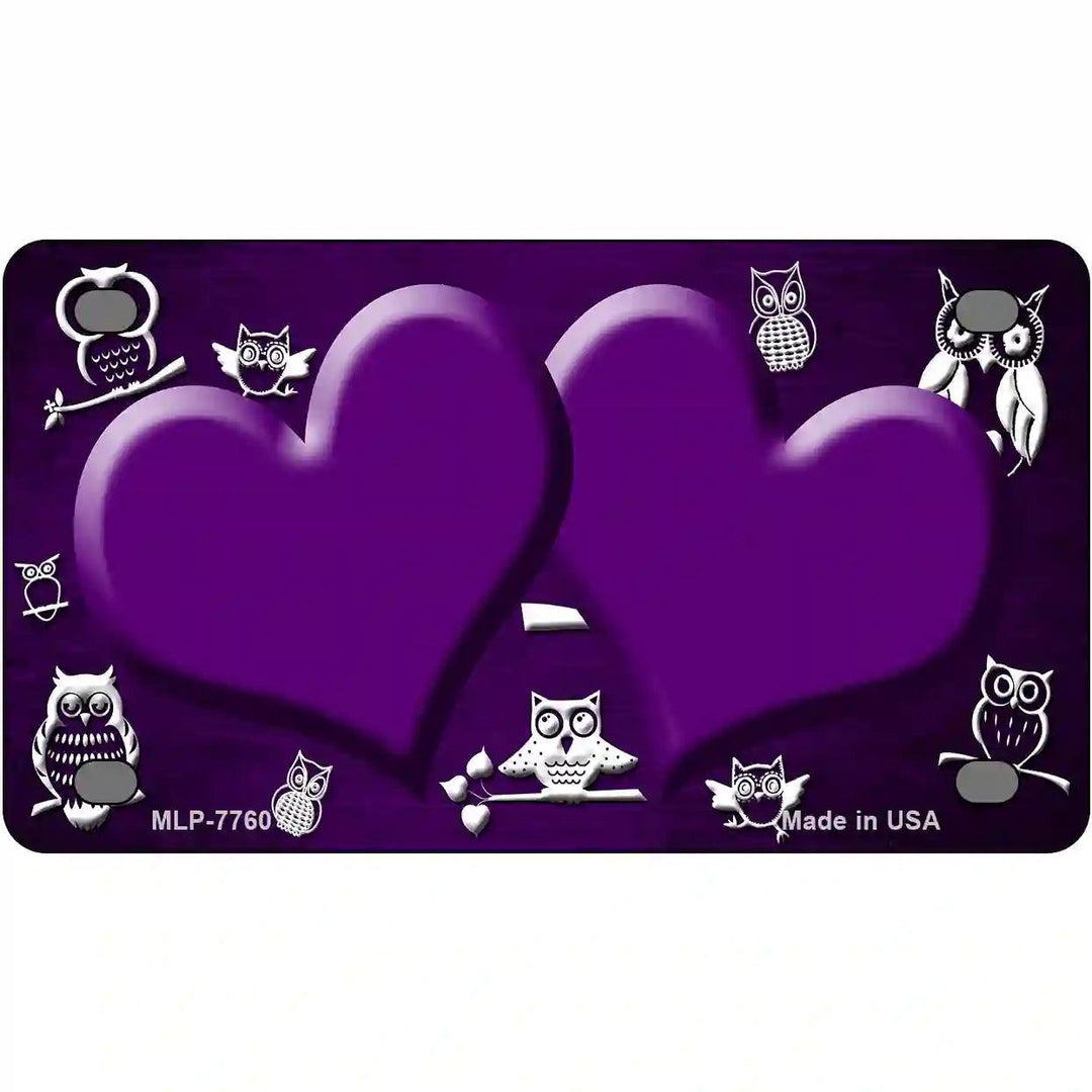 Purple White Owl Hearts Oil Rubbed Metal Novelty License Plate 4" x 2.2" (MLP)