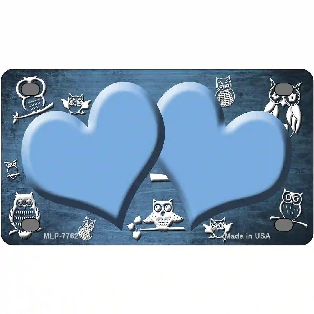 Light Blue White Owl Hearts Oil Rubbed Metal Novelty License Plate 4" x 2.2" (MLP)
