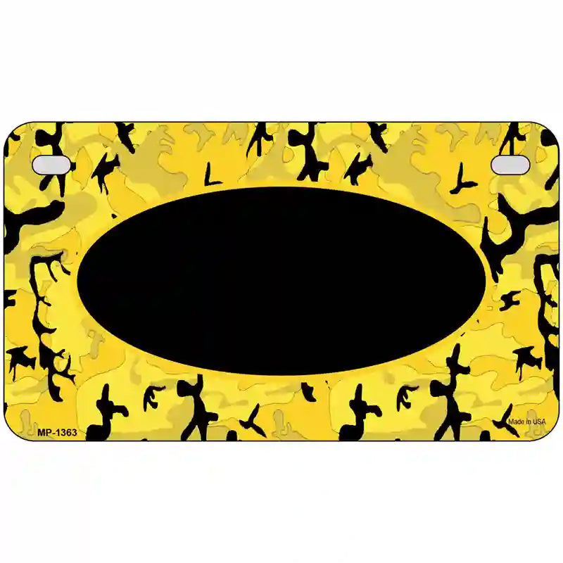 Yellow Black Camouflage With Black Center Oval Metal Novelty License Plate 7" x 4" (MP)