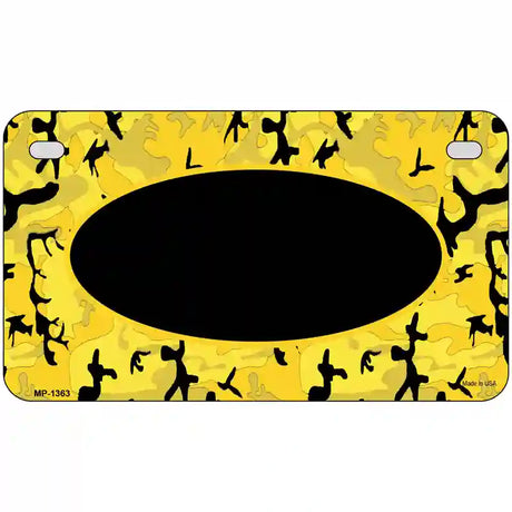 Yellow Black Camouflage With Black Center Oval Metal Novelty License Plate 7" x 4" (MP)