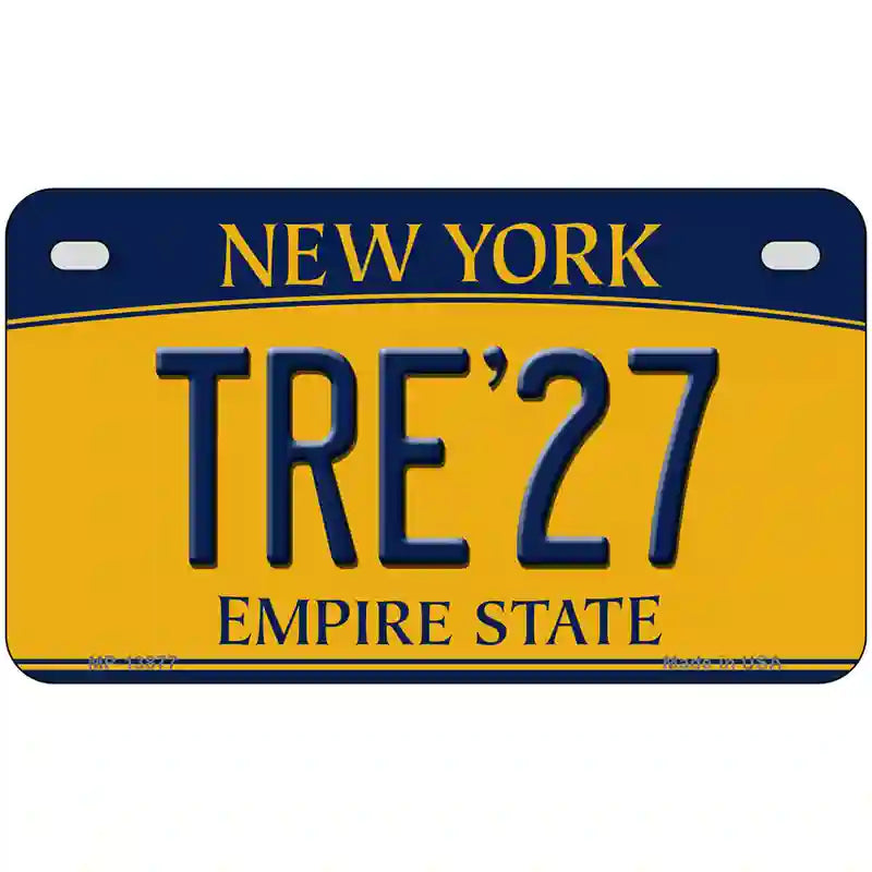 Tre 27 New York Yellow Novelty Metal License Plate Tag 7" x 4" Motorcycle (MP)