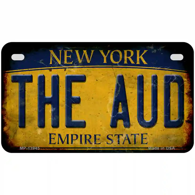 The Aud New York Yellow Novelty Metal License Plate Tag 7" x 4" Motorcycle (MP)