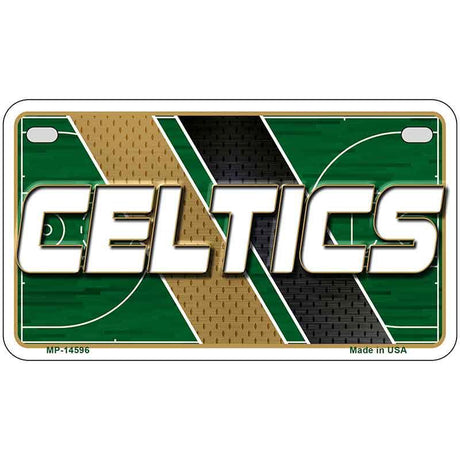 Metallic license plate with 'CELTICS' text and basketball court design on a white background