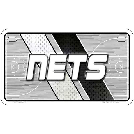 Metallic license plate with 'NETS' text on a sports-themed background