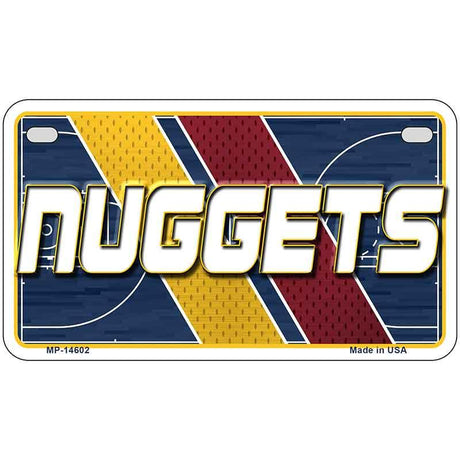 Metallic license plate with 'NUGGETS' text and sports theme design on a white background