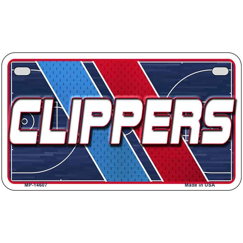 Metallic license plate with 'CLIPPERS' text and basketball court design