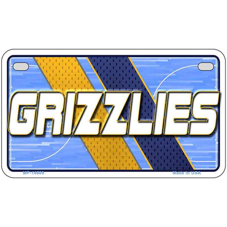 Metallic license plate with 'GRIZZLIES' text on a blue and yellow background