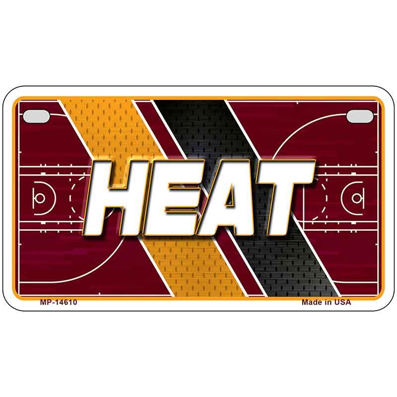Metallic license plate with 'HEAT' text and basketball court design on a white background