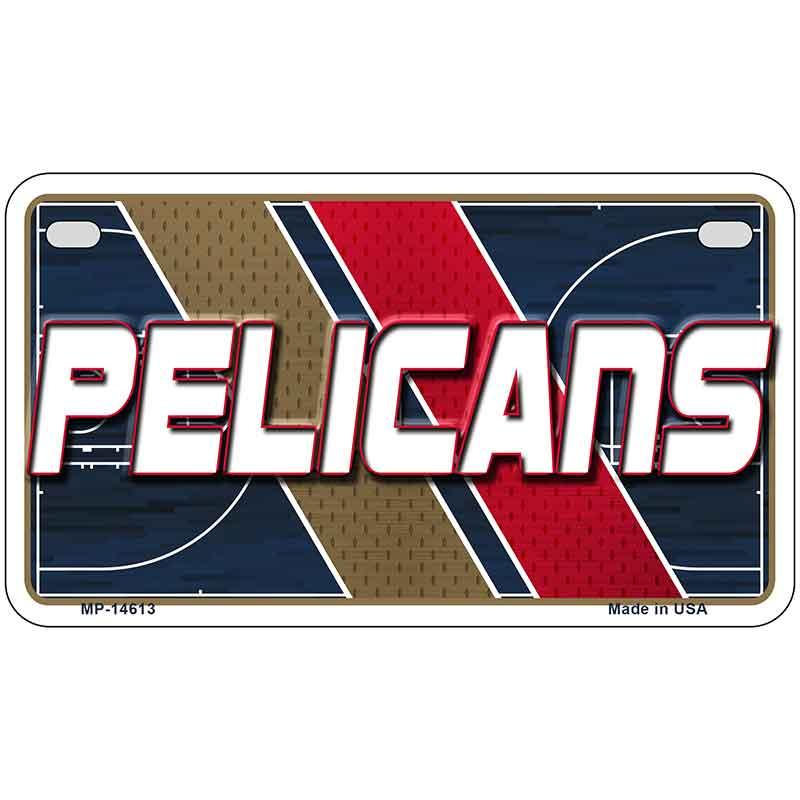 Metallic license plate with 'Pelicans' branding on a white background