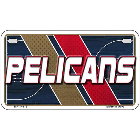Metallic license plate with 'Pelicans' branding on a white background