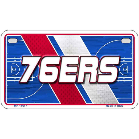 Metallic plate with '76ERS' text on a blue and red background