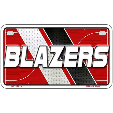 Metallic license plate with 'BLAZERS' text on a red, black, and white background