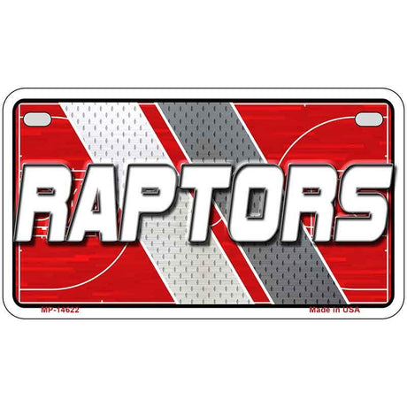 Metallic license plate with 'RAPTORS' text on a red and gray background