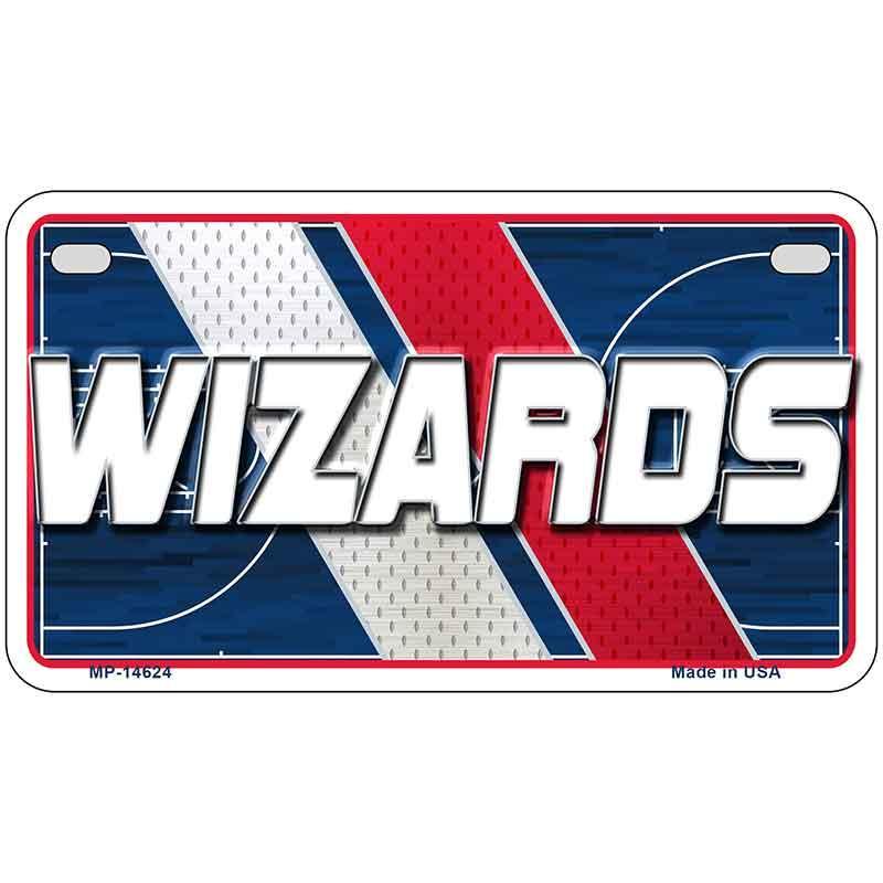 Metallic license plate with 'Wizards' text and sports theme design on a white background