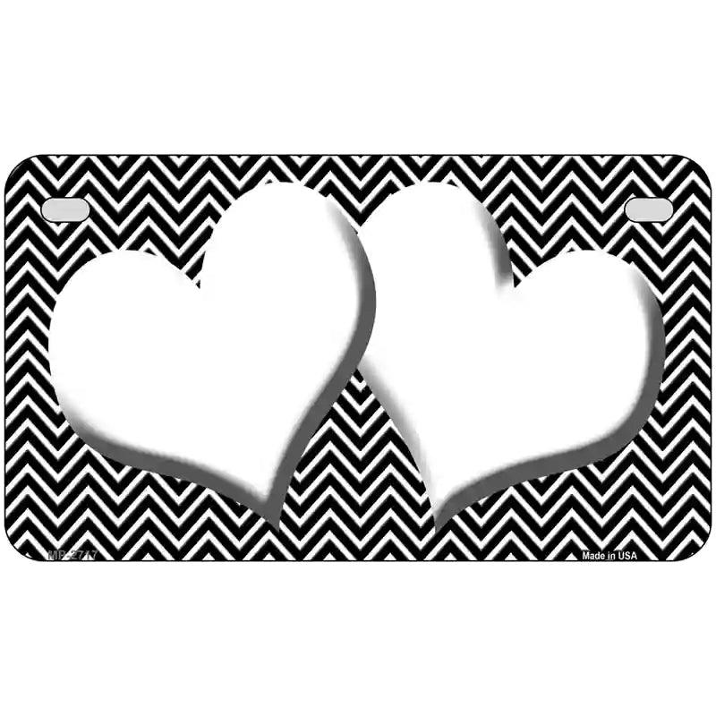 Black White Chevron White Center Hearts Metal Novelty License Plate 7" x 4" (MP)