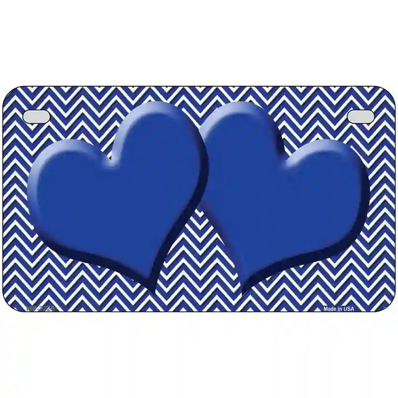 Blue White Chevron Blue Center Hearts Metal Novelty License Plate 7" x 4" (MP)