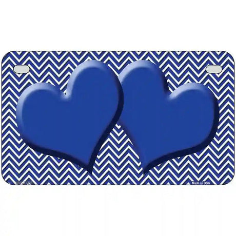 Blue White Chevron Blue Center Hearts Metal Novelty License Plate 7" x 4" (MP)