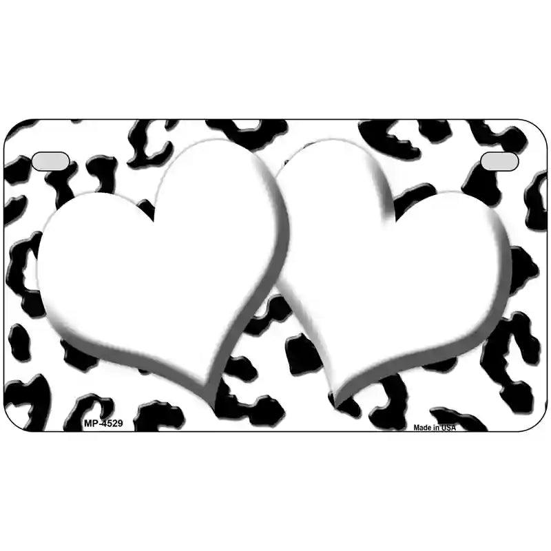 White Black Cheetah White Center Hearts Metal Novelty License Plate 7" x 4" (MP)