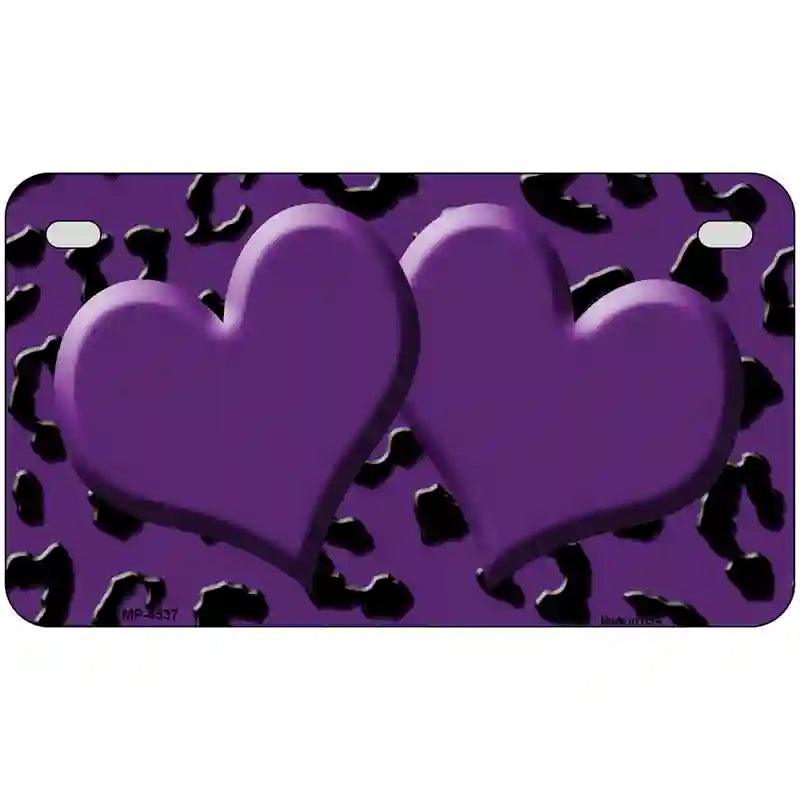 Purple Black Cheetah Purple Center Hearts Metal Novelty License Plate 7" x 4" (MP)