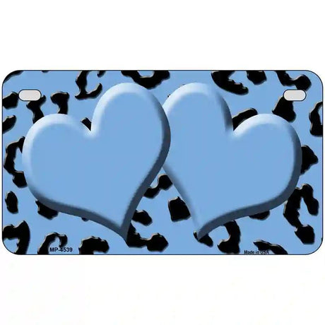 Light Blue Black Cheetah Light Blue Center Hearts Metal Novelty License Plate 7" x 4" (MP)