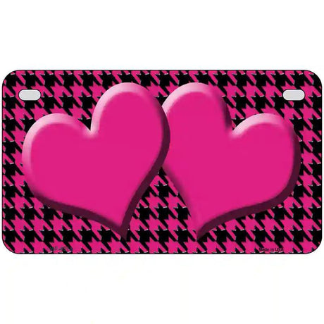 Pink Black Houndstooth Pink Center Hearts Metal Novelty License Plate 7" x 4" (MP)