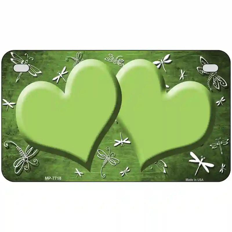 Lime Green White Dragonfly Hearts Oil Rubbed Metal Novelty License Plate 7" x 4" (MP)