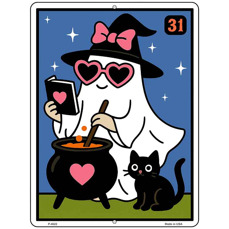 Ghost Witch with Cauldron Metal Novelty Parking Sign P-4622