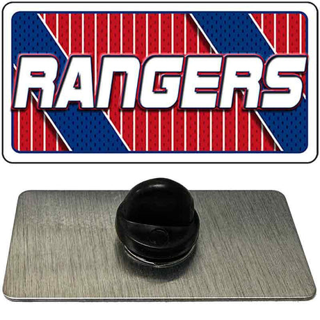 Metallic badge with 'Rangers' logo on a red, white, and blue background
