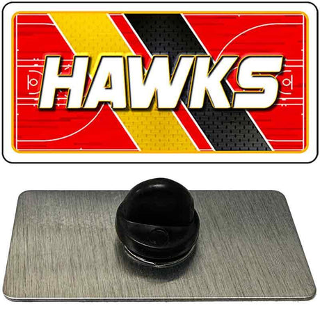 Metallic sign with 'HAWKS' text and a black rubber grommet on a gray background