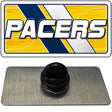 Pin with 'Pacers' logo on a yellow, blue, and white striped background