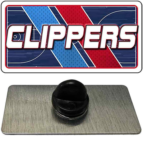 Metallic button with 'CLIPPERS' logo on a basketball court background