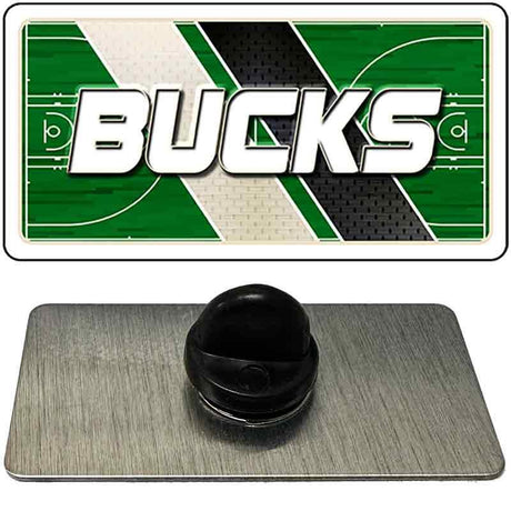 Pin with 'Bucks' logo on a sports court design background