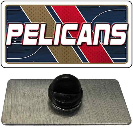 Metallic badge with 'PELICANS' text on a red, white, and blue background