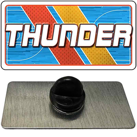 Metallic 'THUNDER' logo with a black ball on a gray base