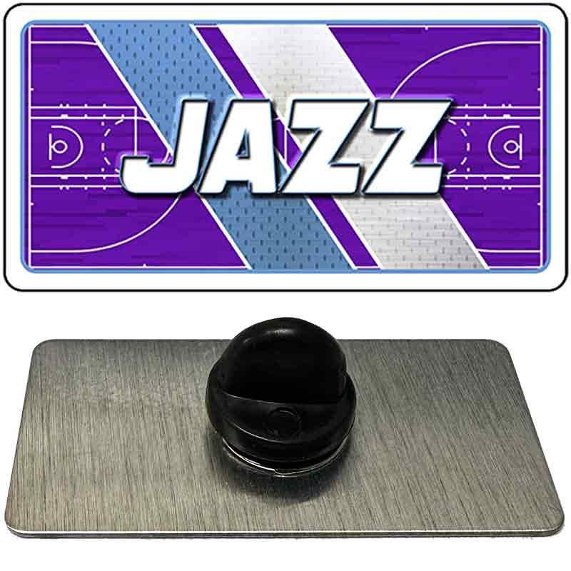 Basketball court design with 'JAZZ' text and a black basketball on a gray surface.