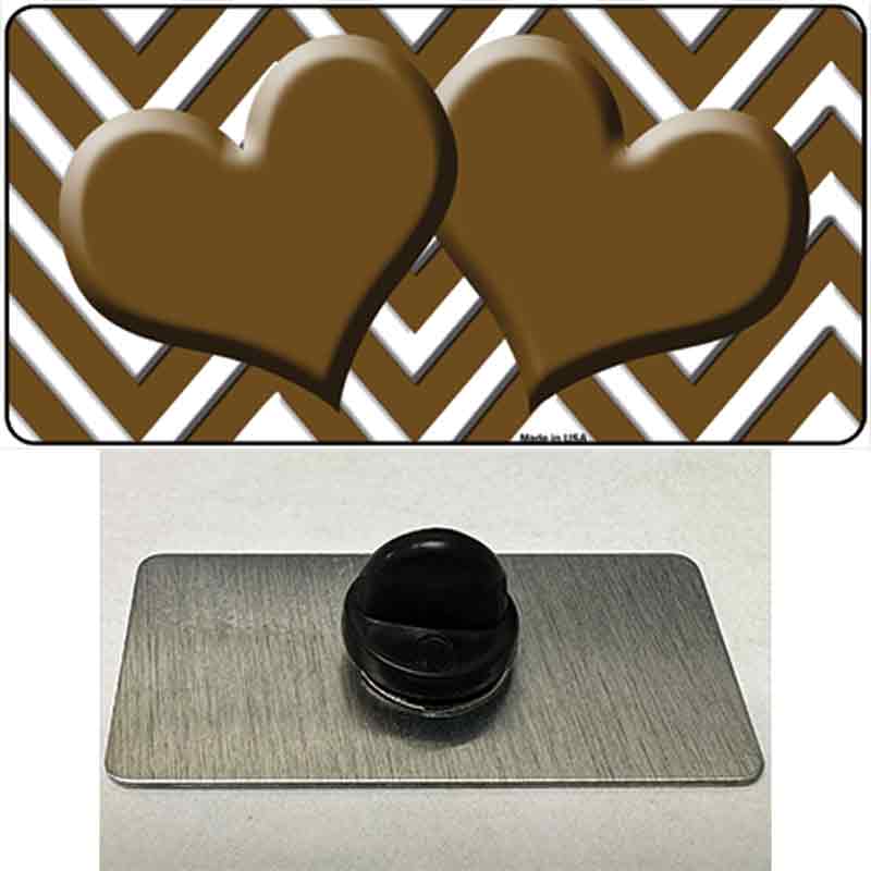 Brown White Large Chevron Brown Center Hearts Novelty Metal Hat Pin