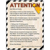 Attention Wife and Family Metal Novelty Parking Sign P-4596