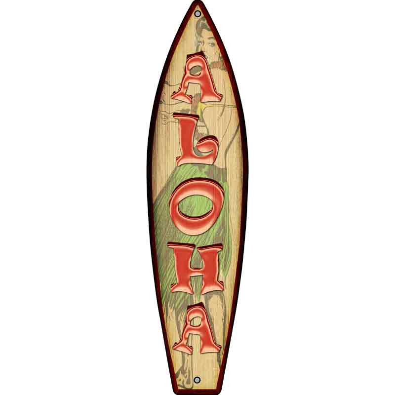 Aloha Hula Girl Novelty Metal Surfboard Sign 17" x 4.5" (SB)
