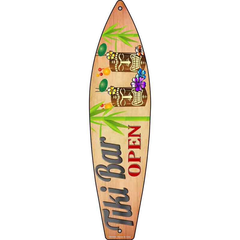 Tiki Bar Open Novelty Metal Surfboard Sign 17" x 4.5" (SB)