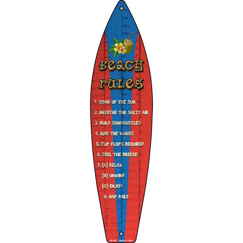 Beach Rules Novelty Metal Surfboard Sign SB-097 17" x 4.5" (SB)