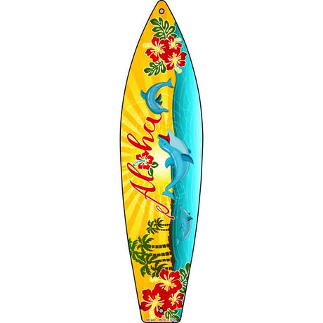 Aloha With Dolphins Novelty Metal Surfboard Sign 17" x 4.5" (SB)
