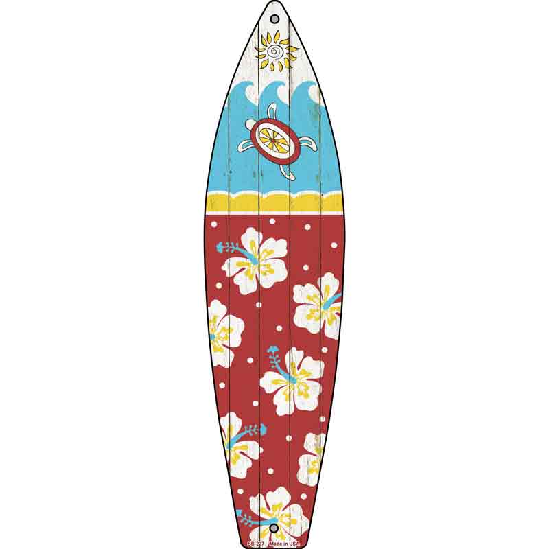 Sea Turtle With Hibiscus Flower  Novelty Metal Surfboard Sign 17" x 4.5" (SB)