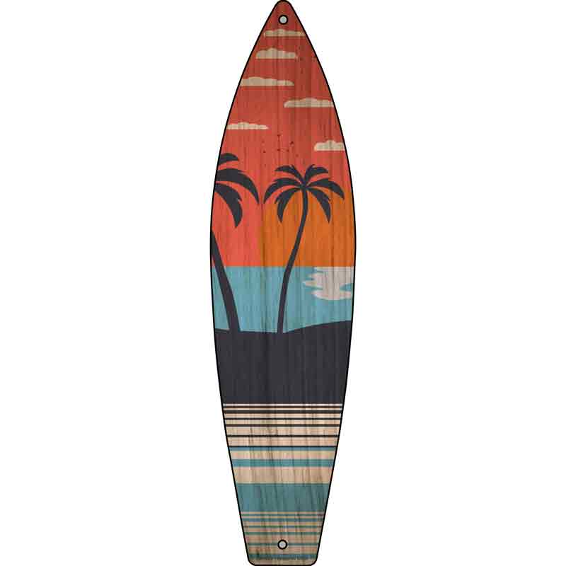 Twin Palm Trees Sunset Novelty Metal Surfboard Sign 17" x 4.5" (SB)