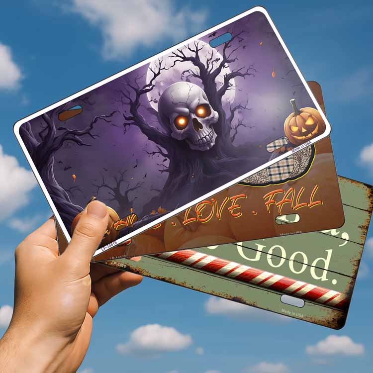 Halloween-themed license plates held by a hand against a blue sky with clouds.
