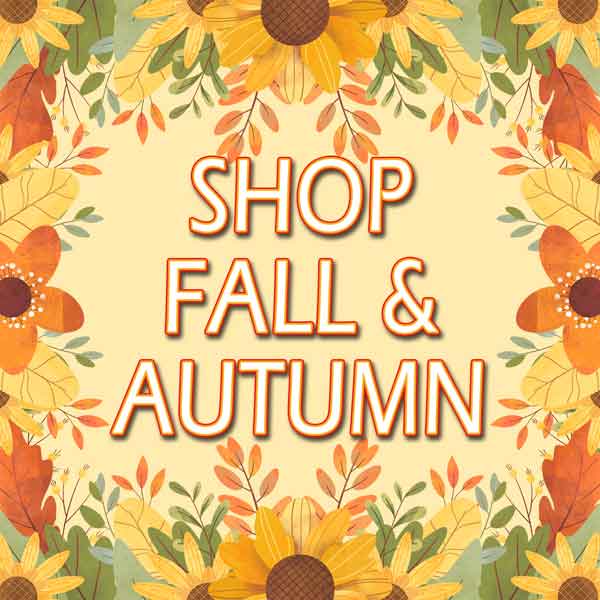 Decorative graphic with sunflowers and leaves on a beige background, featuring the text 'Shop Fall & Autumn'.