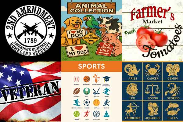 Collage of various signs including a 2nd Amendment sign, animal collection sign, farmer's market sign, American flag, sports icons, and zodiac signs.